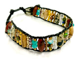 Natural Stone and wood beaded Bracelet Boho design with Leather button on closure