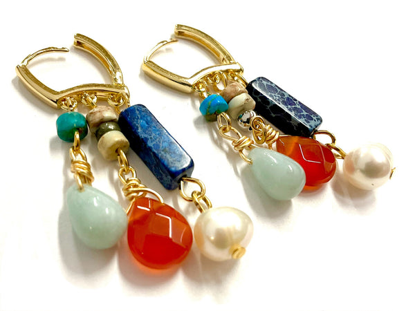 Natural gemstone 3 row hoop and tassel earrings amazonite, agate, jasper, pearl, drop dangle bohemian boho hippie woman hand assembled