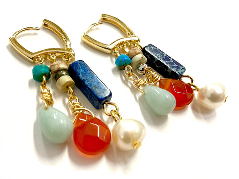 Natural gemstone 3 row hoop and tassel earrings amazonite, agate, jasper, pearl, drop dangle bohemian boho hippie woman hand assembled