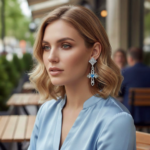 Solid Sterling Silver Cross Blue Zircon Earrings Sacred Heart Dangle S925 Hypoallergenic Elegant Dainty Sparkling Jewelry young girls women