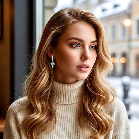 Turquoise Cross Hoop Earrings Gold over Solid Sterling Silver Classic Western Style Crosses of Jesus Jewelry Modern Wedding Woman