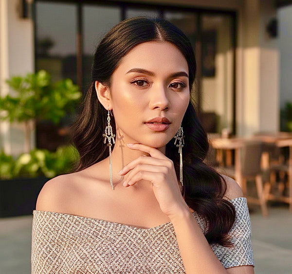 Solid Sterling Silver 3 Strand Cross Tassel Earrings Chain Dangle Studs Antiqued S925 Boho Wedding Jewelry Simple Cross of Jesus Crucifix