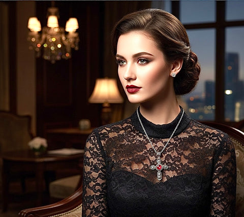 925 Solid Sterling Silver Red Ruby Cross Vintage Antique Necklace S925 Pendant for Women Cast Jewelry link Chain Jewellery for Girls