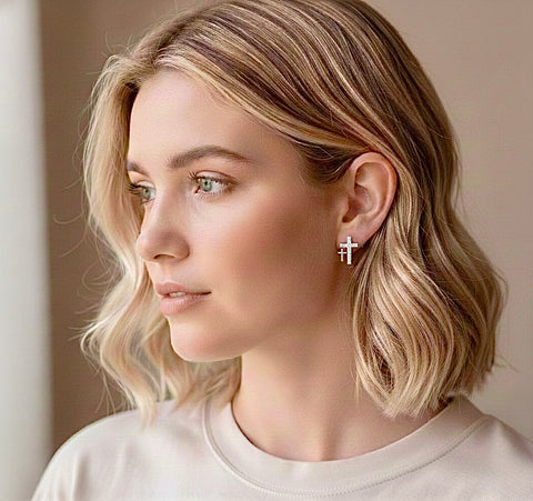 Silver Double Cross Earrings Solid Sterling S925 2 Crosses of Calvary CZ for Woman Zircon Jewelry