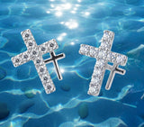 Silver Double Cross Earrings Solid Sterling S925 2 Crosses of Calvary CZ for Woman Zircon Jewelry