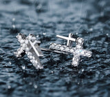 Silver Double Cross Earrings Solid Sterling S925 2 Crosses of Calvary CZ for Woman Zircon Jewelry