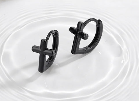 Black Sterling Silver Cross Hoop Cuff 925 Earrings Small Hinged Design Classic Mens Gothic Alluringly Punk Cross for Girls Jewelry for Women