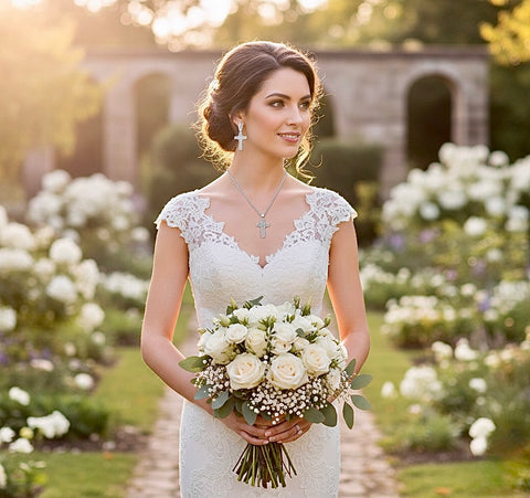 Set - sterling silver zircon cross earrings and necklace S925 pendant for women cast jewelry link chain jewellery for girls