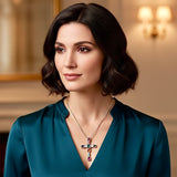 Solid Sterling Silver Colored Stone Cross Antiqued Necklace S925 Pendant for Women Cast Jewelry link Chain Jewellery for Girls