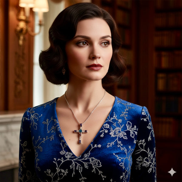 Solid Sterling Silver Colored Stone Cross Antiqued Necklace S925 Pendant for Women Cast Jewelry link Chain Jewellery for Girls