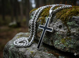 Solid Sterling Silver Cross S925 with Black Accent Stainless Steel Chain necklace for Men Women Old World Cross 2 Color Wheat Chain Jesus