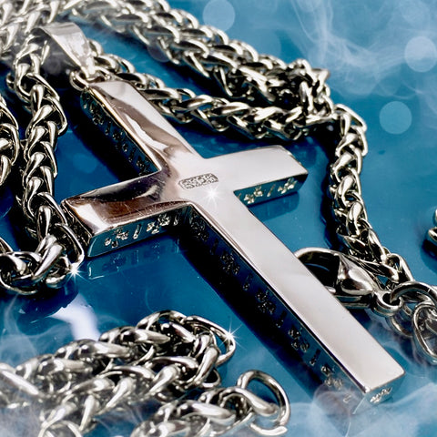 Solid Sterling Silver Cross S925 with Black Accent Stainless Steel Chain necklace for Men Women Old World Cross 2 Color Wheat Chain Jesus