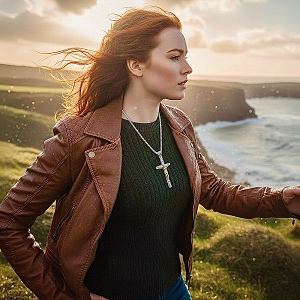 Large Solid Sterling Silver Cross Gold Crucifix music aficionados Good Vibrations for Men Old World Silver S925 Necklace catholic