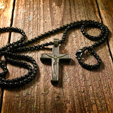 black cross necklace obsidian hematite black mens ancient old world pendant waterproof stainless steel boys box chain crucifix man jewelry
