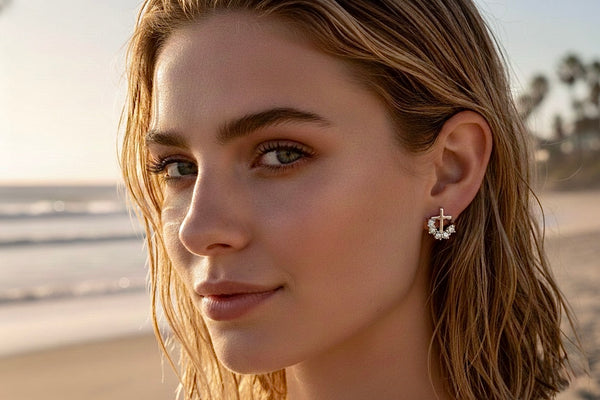 Dainty solid sterling silver cross and Zircon arc earrings S925 for girls women hypoallergenic silver cross wedding jewelry