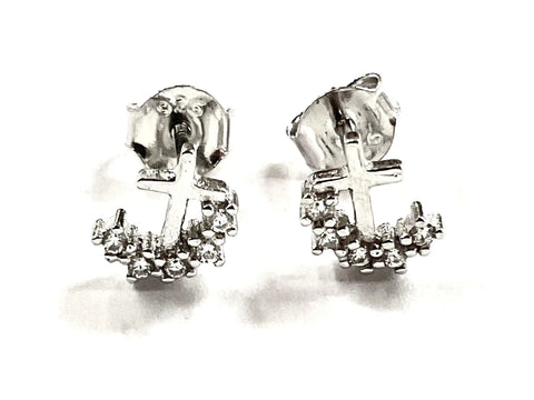 Dainty solid sterling silver cross and Zircon arc earrings S925 for girls women hypoallergenic silver cross wedding jewelry