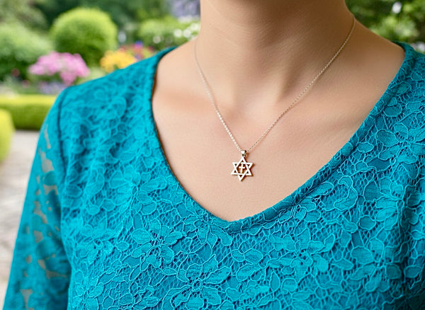Sterling silver messianic star of david necklace with gold inlayed gold cross at the center crucifix seal of solomon