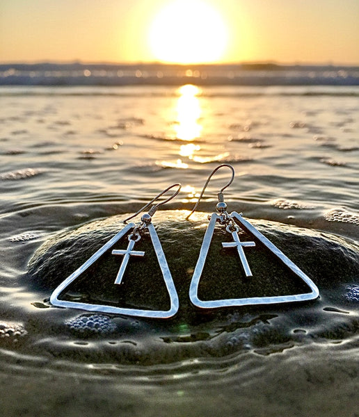 Handmade Silver Triangle Cross Earrings Dangle Bar Crucifix Hand Hammered Custom Personalized Bar Cross of Jesus Drop Jewelry jewellery