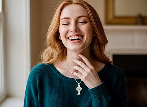 Irish Celtic Solid Sterling Silver Cross Necklace Intricate S925 Pendant for Women Cast Jewelry link Chain Jewellery for Girls