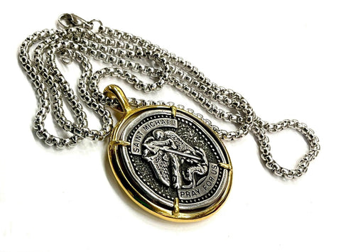 Saint christopher PROTECT us medal police officers soldiers silver cast medallion for man stainless steel chain patron saint