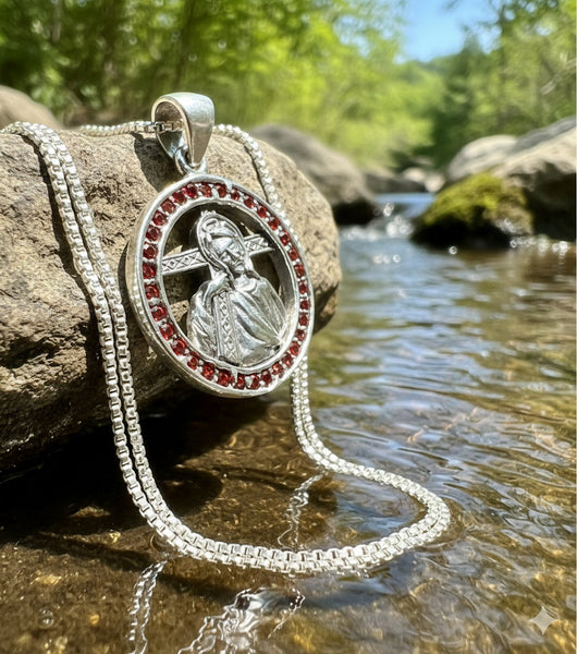 Solid Sterling Silver Crucifix Necklace Jesus 14 stations carrying the Cross Via Dolorosa way of sorrow Red Zircons S925 heirloom catholic