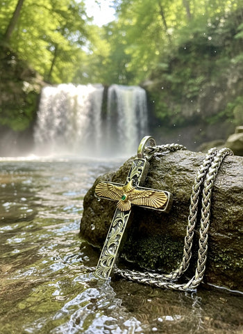 Solid Sterling Silver Eagle Cross Necklace Antiqued Western Style S925 Pendant for Men Cast Jewelry Heavy Chain