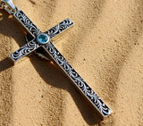 Cross Two Sided Mary Madonna AquaMarine Colored Stone Filigreed S925 Solid Sterling Silver Old World Silver Necklace Cross 2 Color Jesus