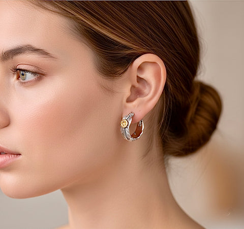 Solid Sterling Silver Feather Designed Hoop Earrings Huggie with Gold Eagle Stamp peace dove baptism wedding Sole Holy Spirit