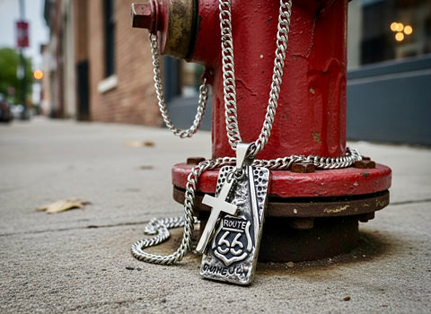 Route 66 Dog Tag Cross Necklace Curb Chain High Relief Detail Jesus Biker Jewelry Heavy Chain Men Christian Jewelry Jewellery