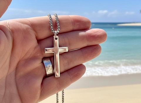 Solid sterling silver cross S925 stamp accent stainless steel necklace for men old world silver necklace cross super box chain for man jesus