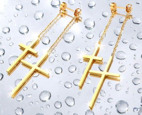 Gold 2 cross tassel cross earrings