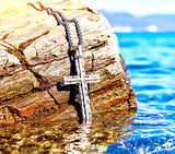 Hammered 2 Color Solid Sterling Silver Cross Necklace for men S925 with Brass inlay catholic crucifix