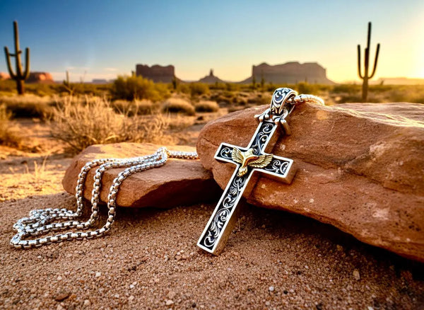 Solid Sterling Silver Golden Eagle Cross Necklace Antiqued Western S925 Pendant for Men