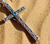 Two Sided Mary Madonna AquaMarine Stone Cross Necklace Filigreed S925 Solid Sterling Silver