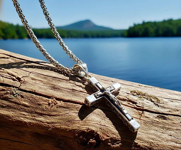 Large Solid Sterling Silver Cross Black Accent S925 Necklace for Men Old World Cross 2 Color Super Box Chain catholic crucifix Jesus