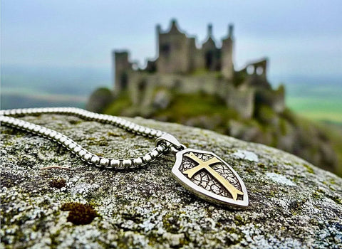 Solid Sterling Silver Cross Shield Jesus Crucifix Cross Shield Necklace Calvary Biker Waterproof Medallion Mens Christian Jewelry