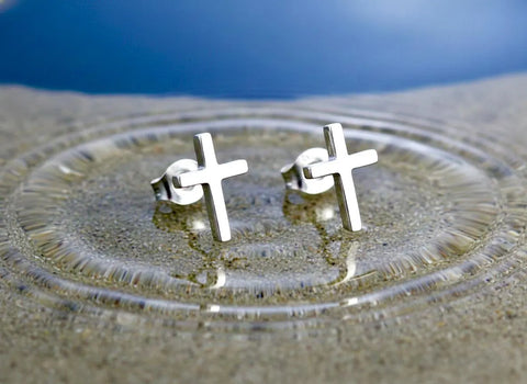 Dainty solid sterling silver cross stud earrings S925 for girls women hypoallergenic silver jesus cross wedding jewelry simple post christ