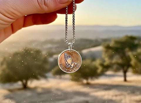 Solid Sterling Silver Serenity Prayer Coin Necklace Praying Hands Raised Lettering Sobriety Coin Necklace one day at a time