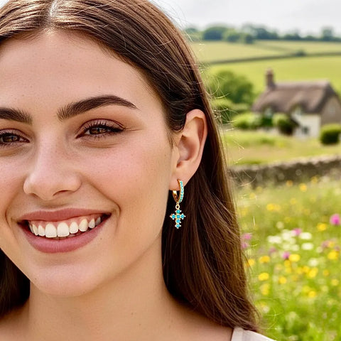 Turquoise Cross Hoop Earrings Gold over Solid Sterling Silver Classic Western Style Crosses of Jesus Jewelry Modern Wedding Woman