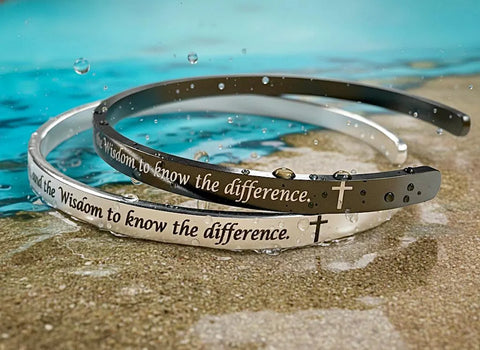 Thin Black and Silver Serenity Prayer Cuff Bracelet All Stainless Steel Bangle Engraved Cuff