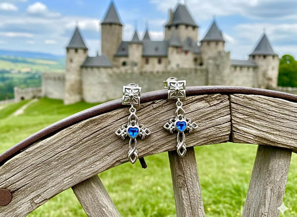 Solid Sterling Silver Cross Blue Zircon Earrings Sacred Heart Dangle S925 Hypoallergenic Elegant Dainty Sparkling Jewelry young girls women