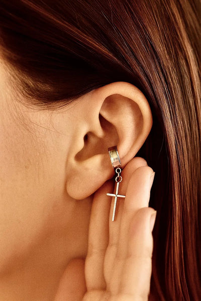 Cartilage No Pierce Cross Cuff Earring S925 Dangle Cross Arc Ear Cuff Wrap Solid Sterling Silver Hypoallergenic