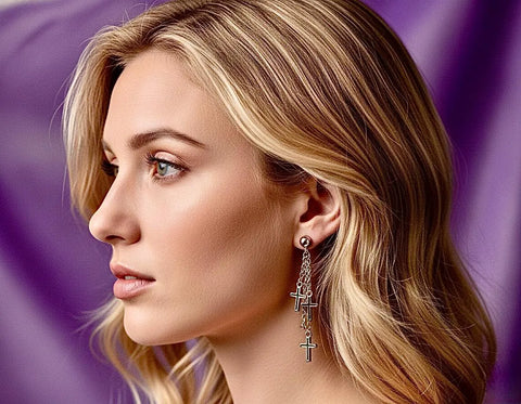 3 chain solid sterling silver cross dangle earrings wedding jewelry S925 studs 3 strands antiqued boho simple cross of jesus crucifix