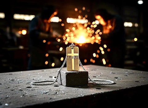 Solid Brass BELIEVE Dog Tag Cross Pendant Detail Engraved Jesus Crucifix Necklace Cross Jesus Biker Heavy Chain Men Christian Jewelry
