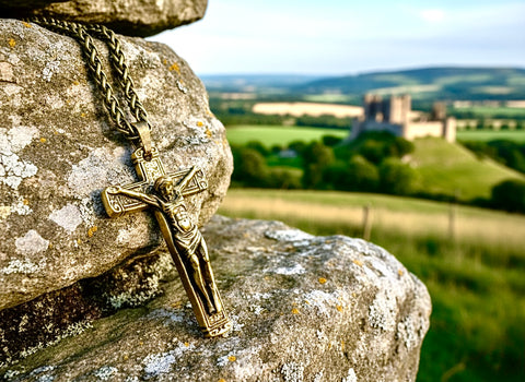 Solid Brass Crucifix Necklace Matching Cross Bronze Chain Heavy Thick Cross Pendant Necklace for Men Women Christian Jewelry