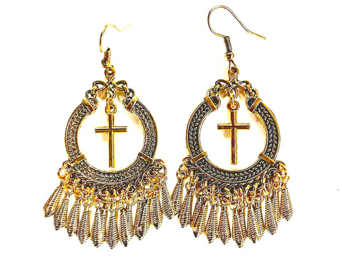 Silver or Gold Bohemian Tassel Cross Earrings Hippie Boho Woman Cross Silver Gold Girls Drop Dangle Jewelry