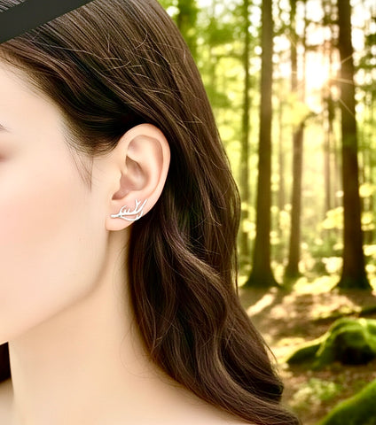Silver Elk Deer Antlers Earrings Sideways Ear Climber Stud Hikers Wanderlust Bikers Minimalist Stainless Steel Hypoallergenic Outdoor Enthusiasts