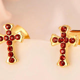 Gold Cross Earrings with Red Colored CZ for Women Weddings Bridesmaid
