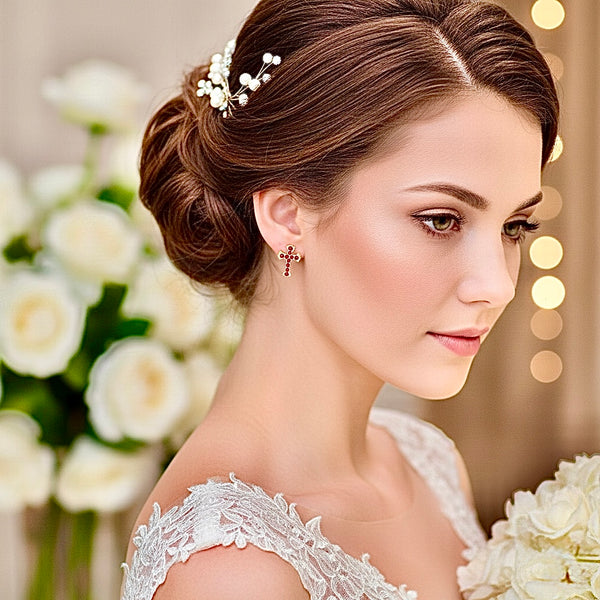 Gold Cross Earrings with Red Colored CZ for Women Weddings Bridesmaid