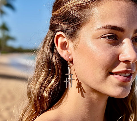 3 crosses earrings silver triple cross vintage style for women